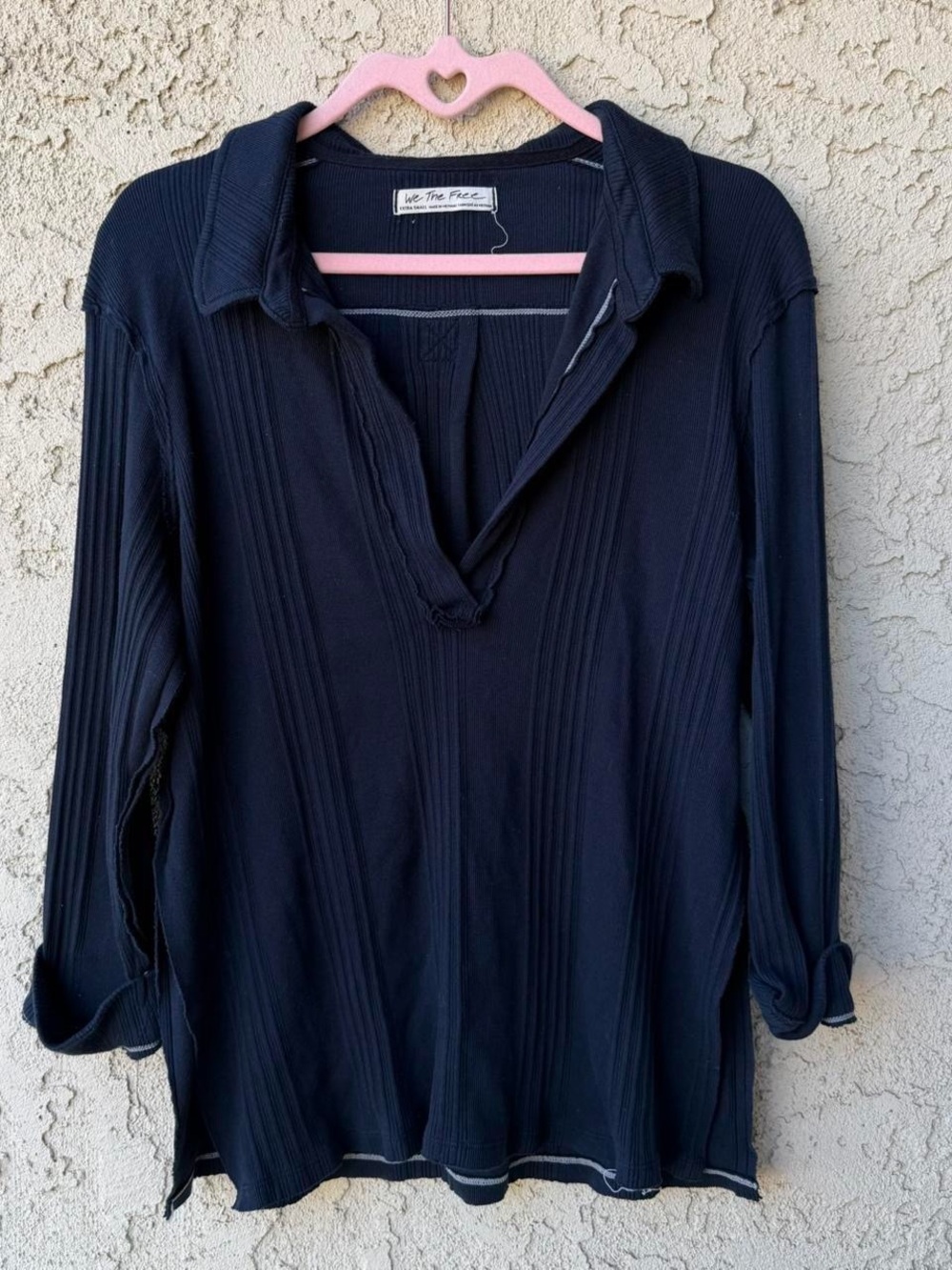 Free People Blue/Black Ribbed V-Neck Polo Tunic